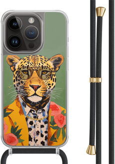 Casimoda iPhone 14 Pro hoesje met zwart koord - Luipaard hipster Groen