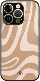 Casimoda iPhone 14 Pro Max glazen hardcase - Abstract swirl beige Bruin/beige