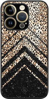 Casimoda iPhone 14 Pro Max glazen hardcase - Chevron luipaard Zwart, Bruin/beige