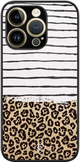 Casimoda iPhone 14 Pro Max glazen hardcase - Leopard lines Bruin/beige