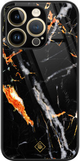 Casimoda iPhone 14 Pro Max glazen hardcase - Marmer zwart oranje