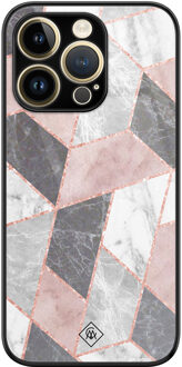 Casimoda iPhone 14 Pro Max glazen hardcase - Stone grid Roze