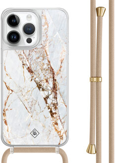Casimoda iPhone 14 Pro Max hoesje met beige koord - Marmer goud Bruin/beige