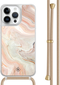 Casimoda iPhone 14 Pro Max hoesje met beige koord - Marmer waves Bruin/beige
