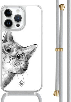 Casimoda iPhone 14 Pro Max hoesje met grijs koord - Peekaboo kat Grijs/zilverkleurig