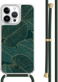 Casimoda iPhone 14 Pro Max hoesje met groen koord - Monstera leaves Zwart, Goudkleurig