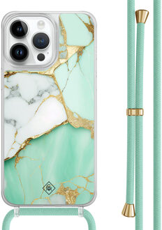Casimoda iPhone 14 Pro Max hoesje met mint koord - Marmer mintgroen