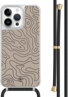 Casimoda iPhone 14 Pro Max hoesje met zwart koord - Abstract lines Bruin/beige