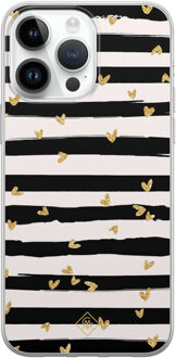 Casimoda iPhone 14 Pro Max siliconen hoesje - Hart streepjes Zwart, Goudkleurig