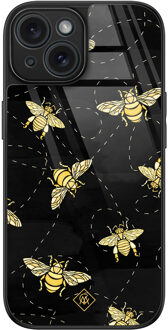 Casimoda iPhone 15 glazen hardcase - Bee yourself Zwart, Goudkleurig
