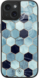 Casimoda iPhone 15 glazen hardcase - Blue cubes Blauw
