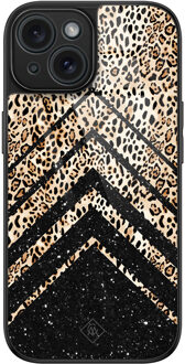 Casimoda iPhone 15 glazen hardcase - Chevron luipaard Zwart