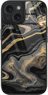 Casimoda iPhone 15 glazen hardcase - Marbling Zwart, Goudkleurig