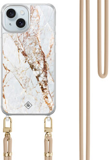 Casimoda iPhone 15 hoesje met beige koord - Marmer goud Goudkleurig