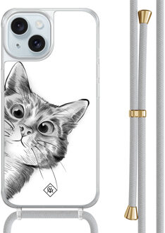 Casimoda iPhone 15 hoesje met grijs koord - Peekaboo kat Wit