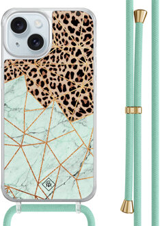 Casimoda iPhone 15 hoesje met mint koord - Luipaard marmer mint