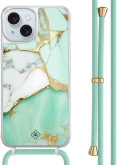 Casimoda iPhone 15 hoesje met mint koord - Marmer mintgroen