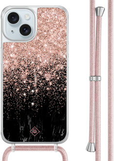 Casimoda iPhone 15 hoesje met rosegoud koord - Marmer twist Rosekleurig
