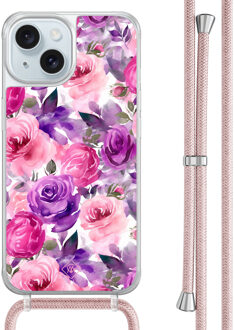 Casimoda iPhone 15 hoesje met rosegoud koord - Rosy blooms Roze