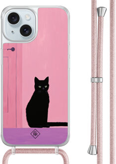 Casimoda iPhone 15 hoesje met rosegoud koord - Zwarte kat Roze