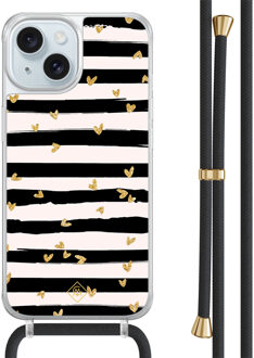 Casimoda iPhone 15 hoesje met zwart koord - Hart streepjes Blauw
