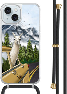 Casimoda iPhone 15 hoesje met zwart koord - Lama in taxi Multi