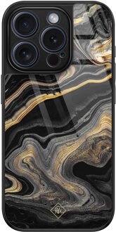 Casimoda iPhone 15 Pro glazen hardcase - Marbling Zwart, Goudkleurig