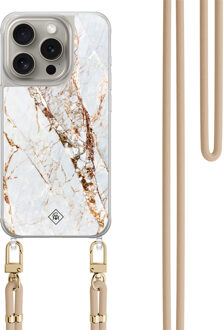 Casimoda iPhone 15 Pro hoesje met beige koord - Marmer goud Bruin/beige