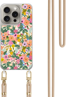 Casimoda iPhone 15 Pro hoesje met beige koord - Pink garden Bruin/beige