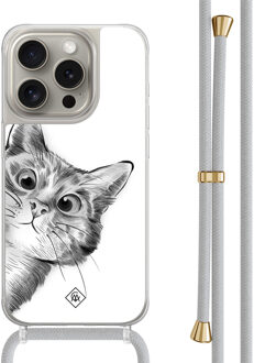 Casimoda iPhone 15 Pro hoesje met grijs koord - Peekaboo kat Grijs/zilverkleurig