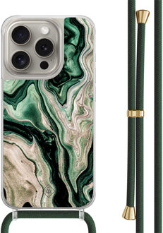 Casimoda iPhone 15 Pro hoesje met groen koord - Green waves Zwart