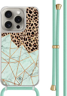 Casimoda iPhone 15 Pro hoesje met mint koord - Luipaard marmer mint
