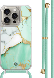Casimoda iPhone 15 Pro hoesje met mint koord - Marmer mintgroen