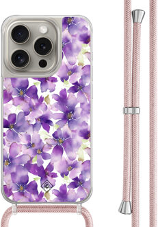 Casimoda iPhone 15 Pro hoesje met rosegoud koord - Floral violet Paars