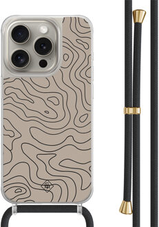 Casimoda iPhone 15 Pro hoesje met zwart koord - Abstract lines Bruin/beige