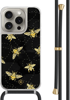 Casimoda iPhone 15 Pro hoesje met zwart koord - Bee happy Zwart, Goudkleurig