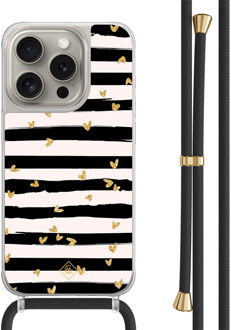 Casimoda iPhone 15 Pro hoesje met zwart koord - Hart streepjes Zwart, Goudkleurig