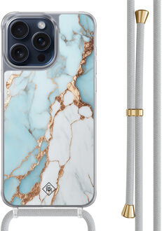 Casimoda iPhone 15 Pro Max hoesje met grijs koord - Marmer lichtblauw