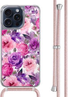 Casimoda iPhone 15 Pro Max hoesje met rosegoud koord - Rosy blooms Paars