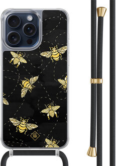 Casimoda iPhone 15 Pro Max hoesje met zwart koord - Bee happy Zwart, Goudkleurig