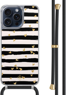 Casimoda iPhone 15 Pro Max hoesje met zwart koord - Hart streepjes Zwart, Goudkleurig