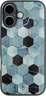 Casimoda iPhone 16 glazen hardcase - Blue cubes Blauw