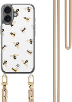 Casimoda iPhone 16 hoesje met beige koord - Bee happy Zwart, Goudkleurig