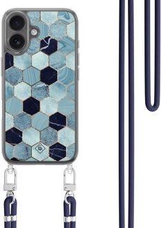 Casimoda iPhone 16 hoesje met donkerblauw koord - Blue cubes