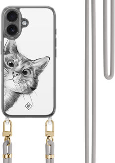 Casimoda iPhone 16 hoesje met grijs koord - Peekaboo kat Grijs/zilverkleurig