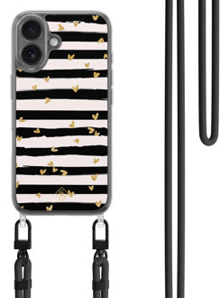 Casimoda iPhone 16 hoesje met zwart koord - Hart streepjes Zwart, Goudkleurig