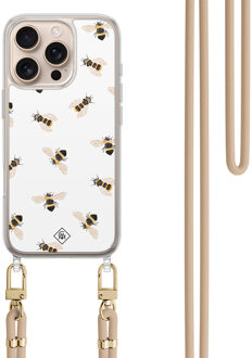 Casimoda iPhone 16 Pro hoesje met beige koord - Bee happy Zwart, Goudkleurig