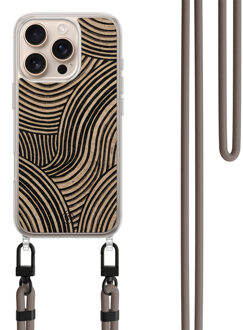 Casimoda iPhone 16 Pro hoesje met bruin koord - Ebony waves Zwart, Bruin/beige