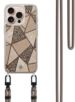 Casimoda iPhone 16 Pro hoesje met bruin koord - Leopard abstract Zwart