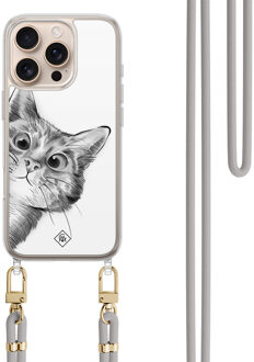 Casimoda iPhone 16 Pro hoesje met grijs koord - Peekaboo kat Grijs/zilverkleurig